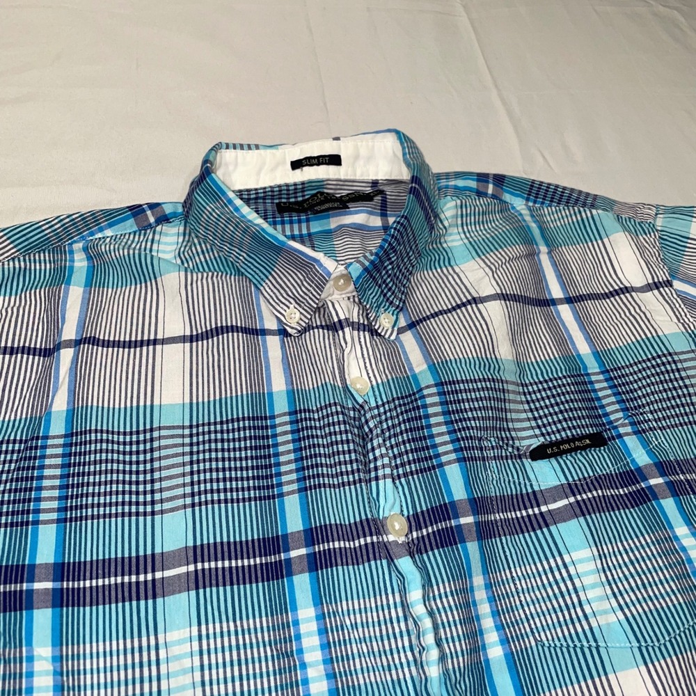 US Polo Assn Mens XL Slim Fit Short Sleeve Button Down Shirt Blue Plaid Cotton‎